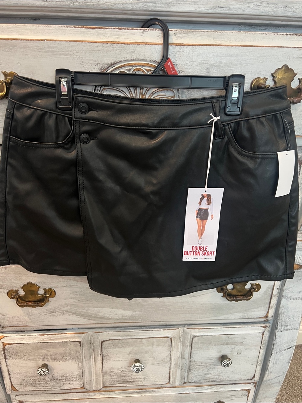 Celebrity Pink Black Faux Leather Double Button Skort